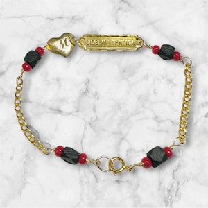 10 Karat Yellow Gold Genuine Azabache Jet &quot;Dios Me Bendiga&quot; with Engravable Heart 5 3/4&quot; Baby Bracelet