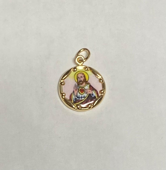 Vintage NOS 10K Yellow Gold Enameled Sacred Heart of Jesus