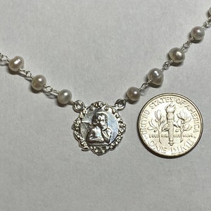 Sterling Silver Freshwater Pearl and Angel Medal Necklace