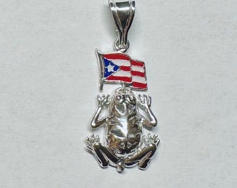Sterling Silver Coqui Frog & Hand Enameled Puerto Rico Flag Pendant