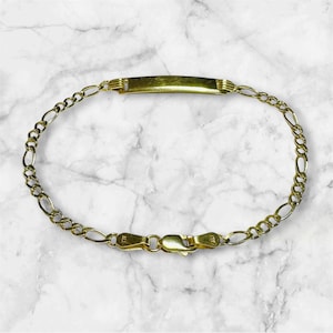 10 Karat Yellow Gold 2.5mm Figaro Link Baby/Kids Engraved Plaque ID 6&quot; Bracelet (FREE Engraving)