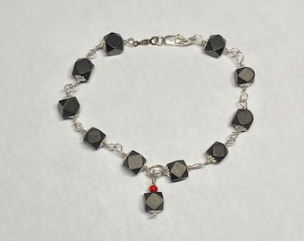 Sterling Silver Genuine 6mm Azabache Jet with Dangling Azabache/Coral Pendant Bracelet