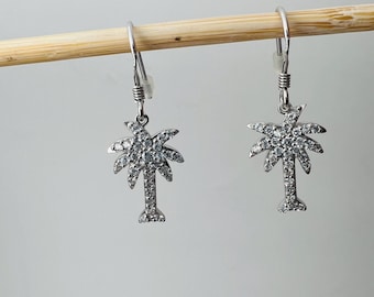 Sterling Silver Palm Tree Earrings: Cubic Zirconia Dangle  Earrings