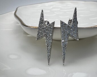 Sterling Silver Lightning Bolt Stud Earrings: CZ Pave