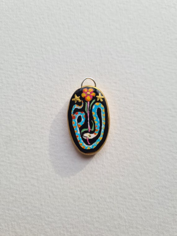 Handpainted Snake Charm Necklace: Porcelain Folk Art Jewellery