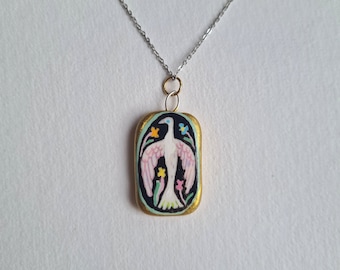 Bird Charm - Handpainted pendant, Porcelain Boho Jewellery, Mini Painting, Folk art charm