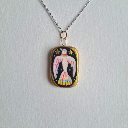 Bird Charm - Handpainted pendant, Porcelain Boho Jewellery, Mini Painting, Folk art charm