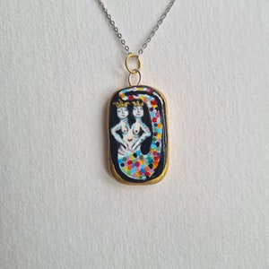 Mermaid Charm - Handpainted pendant, Porcelain Boho Jewellery, Mini Painting, medieval art charm