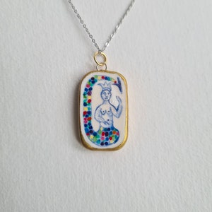 Mermaid Charm - Handpainted pendant, Porcelain Boho Jewellery, Mini Painting, medieval art charm