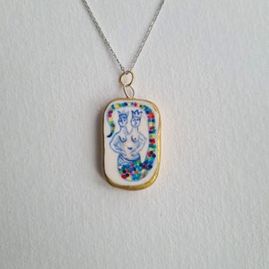 Mermaid Charm  - Handpainted pendant, Porcelain Boho Jewellery, Mini Painting, medieval art charm