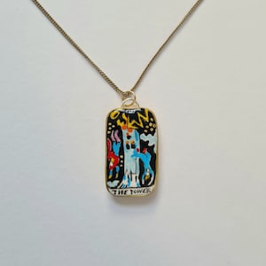 Handbeschilderde tarotkaartbedel - The Tower Tarot-hanger - The Tower-ketting