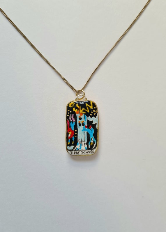 Handpainted Tower Tarot Card Pendant: Handmade Charm Necklace