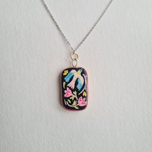 Bird Charm - Handpainted pendant, Porcelain Boho Jewellery, Mini Painting, Folk art charm