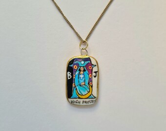 Handpainted High Priestess Tarot Card Pendant - Handmade Charm
