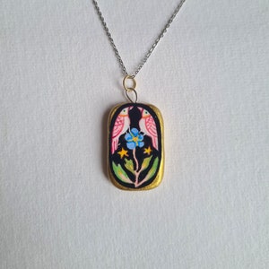 Bird Charm - Handpainted Pendant, Porcelain Boho Jewellery, Mini Painting, Folk art charm