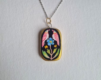 Vogel Charm - Handbemalter Anhänger, Porzellan Boho Schmuck, Mini Gemälde, Volkskunst Anhänger
