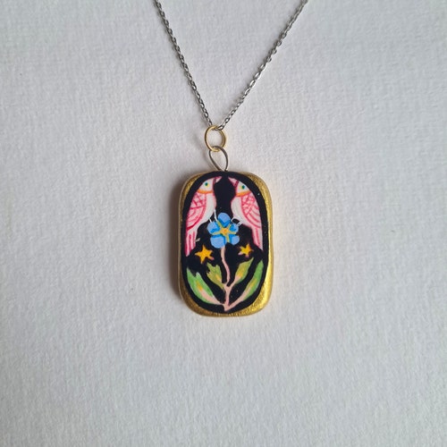Bird Charm - Handpainted Pendant, Porcelain Boho Jewellery, Mini Painting, Folk art charm