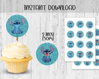 Stitch 2.5&#39;&#39; etiquetas redondas, toppers cupcakes, pegatinas, etiquetas, descarga imprimible inmediata Decoraciones de fiesta