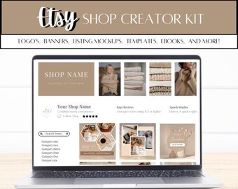 May include: A laptop computer screen displaying a mockup of an Etsy shop homepage. The shop name is "SHOP NAME" and the shop's tagline is "Featured in your shop". The shop's logo is a circle with a stylized hand holding a heart. The shop's banner is a collage of images, including a woman wearing a sweater, a stack of folded sweaters, and a close-up of a sweater. The shop's description includes the text "Your Shop Name", "Credit/Debit cards commence", "Follow Shop", "Rage Reviews", "Average review rating 4.5 or higher", "Speedy Replies", "History of quick replies", "Search items", "Category one", "Category two", "Category three", "Category four", "Category five", "Category six", and "One Cool Happy Friday".
