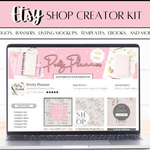 Puede incluir: Una pantalla de computadora portátil que muestra una tienda Etsy rosa y blanca con el texto "Pretty Planner" y "45% de descuento". La tienda ofrece planificadores hechos a mano, una barra de búsqueda y una sección para reseñas de clientes. La computadora portátil está sobre una superficie de madera blanca.