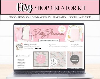 Op de afbeelding: Een laptopscherm dat een roze en witte Etsy-winkel toont met de tekst "Pretty Planner" en "45% korting". De winkel verkoopt handgemaakte planners, heeft een zoekbalk en een sectie voor klantbeoordelingen. De laptop staat op een wit houten oppervlak.