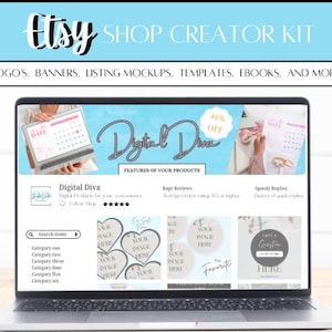PLR digitale Etsy Shop Kit, Shop Creator PLR-bundel, banners, logo's, sjablonen, mock-ups, bedankkaarten (voor- en achterkant) en Etsy eBook PLR