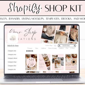May include: A laptop computer displaying a mockup of an online shop with a pink and white color scheme. The shop is called "Your Shop Creations" and features a "Stitch & Sew" category with several product listings. The shop has a search bar and a navigation menu with categories such as "Women", "Men", "Children", "Home & Living", "Outdoor", "Pets", and "More".