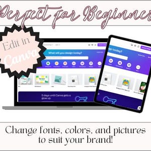 May include: A laptop computer screen displaying the Canva website with the text "What will you design today?" and a tablet computer screen displaying the Canva app with the text "Design today?"  The laptop and tablet are both on a white background. The text "Edit in Canva" is on a pink starburst.