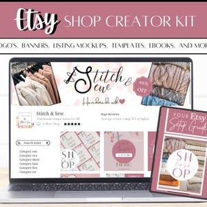 May include: A laptop computer displaying a mockup of an Etsy shop with the text "Stitch & Sew Handmade with Love". The shop has a pink and white color scheme and features a search bar, product categories, and a shop logo. A tablet computer is also shown, displaying a pink and white "Your Etsy Setup Guide".