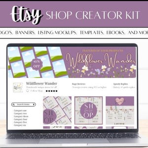 May include: A laptop computer screen displaying a mockup of an Etsy shop with the title "Wildflower Wander". The shop features handmade items, has a 4.5-star rating, and includes a banner with a 45% off sale. The screen also shows features of the shop, including rave reviews, speedy replies, and a search bar for items.