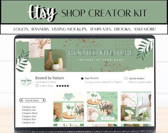 May include: A laptop screen displaying a mockup of an Etsy shop with a green and brown color scheme. The shop name is "Rooted In Nature" and the tagline is "Feature of your shop". The shop sells gardening products. The screen also shows a search bar, product categories, and customer reviews.