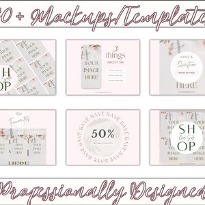 May include: A set of 40+ social media templates featuring a pink and white color scheme with floral accents. The templates include a variety of layouts for promoting products, sharing information, and engaging with customers. The text "Shop Our Sale" and "Have a Question? Ask me anything" are included in the templates.