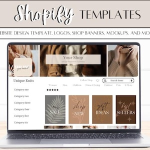 May include: A laptop computer displaying a website design template for an online shop. The website features a brown and beige color scheme with images of knitwear and text that says "Your Shop" and "Unique Knits". The website also includes several shop banners with text that says "Shop New", "Gift Ideas", and "Best Sellers".