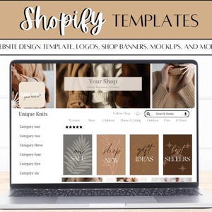 May include: A laptop computer displaying a website design template for an online shop. The website features a brown and beige color scheme with a minimalist design. The website includes a shop banner, product categories, and a search bar. The text on the website reads "Your Shop", "Unique Knits", "Shop New", "Gift Ideas", and "Best Sellers".