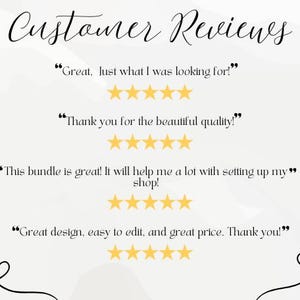 May include: Customer reviews for a product with five-star ratings. The reviews include quotes such as "Great, just what I was looking for!" and "Thank you for the beautiful quality!"