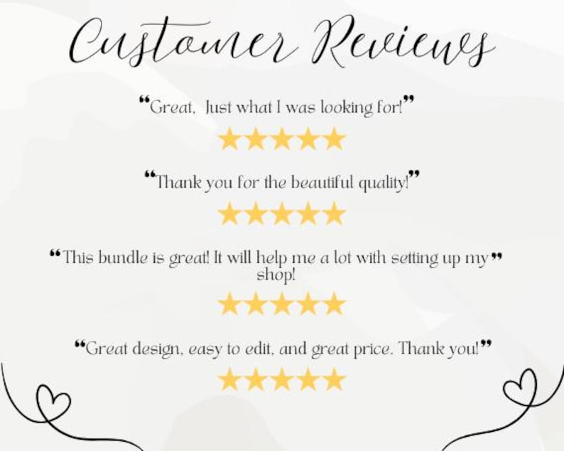 May include: Customer reviews for a product with five-star ratings. The reviews include quotes such as "Great, just what I was looking for!" and "Thank you for the beautiful quality!"