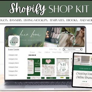 May include: A laptop computer displaying a website for a shop called "Luxe Loom Knitted Creations". The website has a green background and features a logo with a green and white circle. The laptop is on a wooden table next to a tablet computer displaying a guide to creating an online brand.