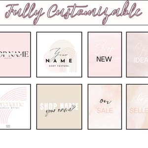 May include: A set of eight customizable social media templates featuring a pink and beige color scheme with abstract shapes and text. The text includes "Shop Name", "Your Name", "Shop Feature", "New", "Ideas", "Product Offer", "On Sale", and "Best Sellers".