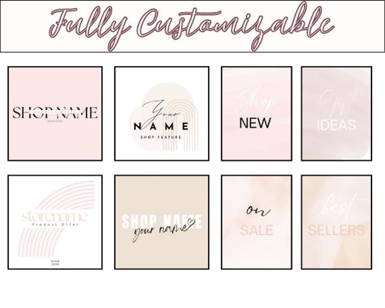 May include: A set of eight customizable social media templates featuring a pink and beige color scheme with abstract shapes and text. The text includes "Shop Name", "Your Name", "Shop Feature", "New", "Ideas", "Product Offer", "On Sale", and "Best Sellers".