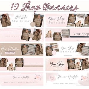 May include: Ten pink and white shop banners with text overlays. The banners feature images of clothing, folded fabric, and a woman wearing a sweater. The text on the banners includes "Best Seller", "New Collection", "Shop Now", "Your Shop", "Join our Newsletter", and "Keep up to date with our special offers".