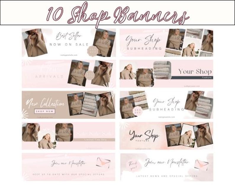 May include: Ten pink and white shop banners with text overlays. The banners feature images of clothing, folded fabric, and a woman wearing a sweater. The text on the banners includes "Best Seller", "New Collection", "Shop Now", "Your Shop", "Join our Newsletter", and "Keep up to date with our special offers".
