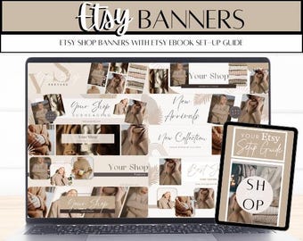 Puede incluir: Una pantalla de computadora portátil que muestra una colección de banners de tienda Etsy con una paleta de colores neutros beige, marrón y blanco. Los banners incluyen texto como "Tu tienda", "Nuevos llegados" y "Los más vendidos". Una pantalla de tableta muestra una guía para configurar una tienda Etsy.