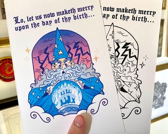 Hand-Drawn Wizard Birthday Card: Funny Fantasy Art (Digital Download)