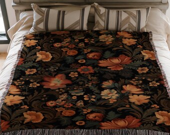 Medieval Baroque Floral Woven Blanket, picnic blanket, baroque flowers, medieval floral woven tapestry, dark and moody florals