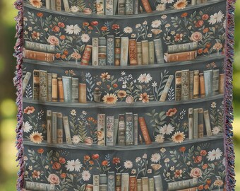 Whimsical Bookshelf Woven Blanket, whimsigoth blanket, vintage bookshelf blanket, vintage library woven tapestry