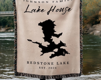 Custom Lake Map Woven Blanket, personalized map of lake, cottage heirloom gift, gift for cottage owner, lake life decor, lake woven tapestry