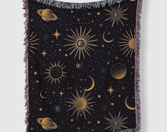 Celestial Stars Woven Blanket, black and gold celestial design, stars and planets, hanging tapestry, astrology blanket, picnic blanket