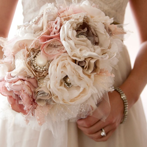 Fabric Flower Custom Wedding Bouquet, with rhinestone and pearl brooches, choose your colors