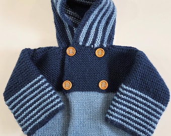 Chaqueta de bebé vintage tejida a mano | Unisex, azul oscuro y azul cielo | Botones de madera | 30 cm de pecho