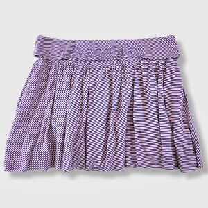 May include: A purple and white striped skirt with a wide waistband. The skirt has a pleated design and the word "bench" is embroidered on the waistband. The skirt is made of a lightweight fabric.